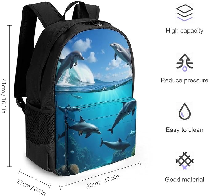 Supdreamc Polyester Daypack Backpack for Trekking Picnic Walking Cycling, Large Capacity Anti-Theft Multipurpose Shoulder Bag, Blue Sea Great Ocean Wave Jumping Dolphin Casual Daypack