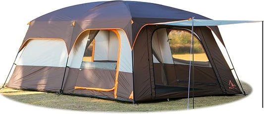 KTT Extra Large Tent 6-10-12-14 Person(B),Family Cabin Tents,2 Rooms,3 Doors and 3 Windows with Mesh,Straight Wall,Waterproof,Double Layer,Big Tent for Outdoor,Picnic,Camping,Family Gathering