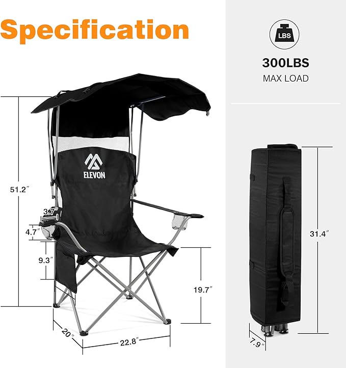 Elevon Camping Chair, Oversized Folding Chair with Canopy, Portable Outdoor Chair with Arms, Cup Holder and Carry Bag for Camping, Fishing, Beach, and Sports, Graphite