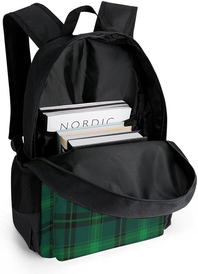 Adults Lightweight Black Green Scottish Tartan Plaid Shoulder Book Bags Big Capacity Shoulder Bag With Adjustable Shoulder Straps for Trekking Work Walking Cycling