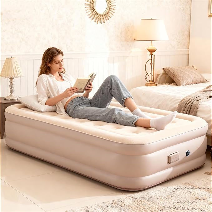 Air Mattress Twin with Built-in Battery Powered Removable Pump, Blow Up Mattress with Pillow, Strong Support All Night,No Lost Air, Compact Inflatable Air Bed for Home Guests Camping