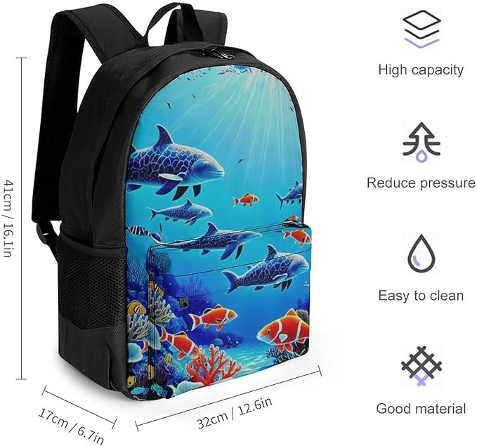 Rucksack Anti-Theft Multipurpose Big Capacity Carry On Bag, Colorful Sea Ocean World Dolphin Tropical Fishes Coral Traveling Camping Backpack With Side Pockets