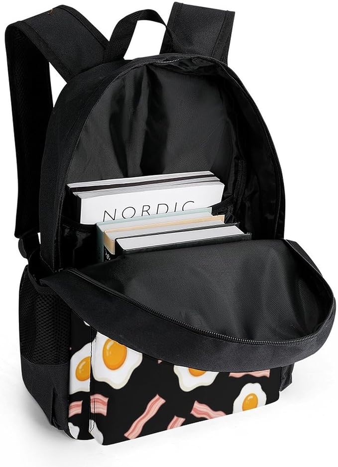 Rucksacks Lightweight Multipurpose Anti-Theft Funny Fried Egg And Bacon Black Shoulder Bag Large Capacity Business Computer Bag With Smooth Zippers