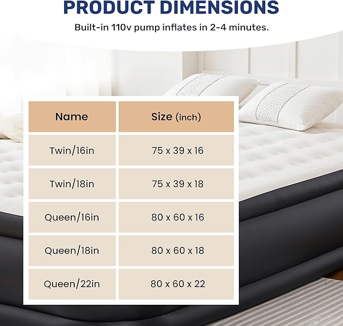 Simple Deluxe Queen Camping Air Mattress with Built-in Electric High-Speed Pump, 22" Tall Portable Foldable Waterproof Inflatable Camping Airbed with Carrying Bag for Travel & Home Guests