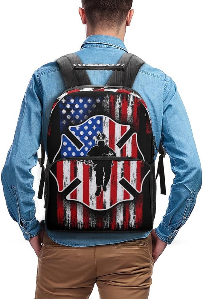 Lightweight Rucksacks for Camping Picnic Walking Cycling, Large Capacity Multipurpose Anti-Theft Carry On Bag, Fireman Flag American Firefighter Travel Hiking Camping Rucksack