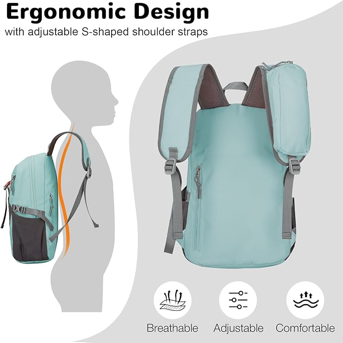 12L Hiking Backpack with Padded Straps for Kids, Waterproof Small Hiking Backpack with Chest Strap for Women, Mini Lightweight Kid Travel Backpacks Day Pack, Light Green