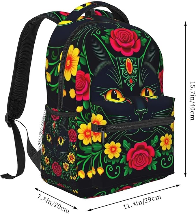 Backpack Anti-Theft Multipurpose Large Capacity Carry On Bag, Day Of The Dead Black Cat Red Floral Art Camping Outdoor Backpack With Side Pockets