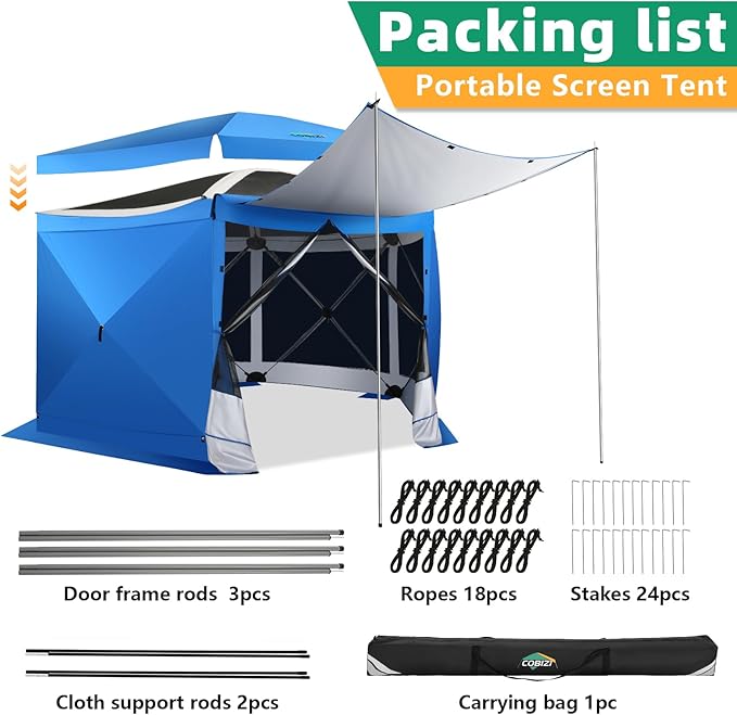 COBIZI Pop Up Gazebo Screen Tent Screen House for Camping, 12x12 Screen Room with Mosquito Netting, Hub Tent Instant Screened Canopy with Carrying Bag and Ground Stakes, Blue