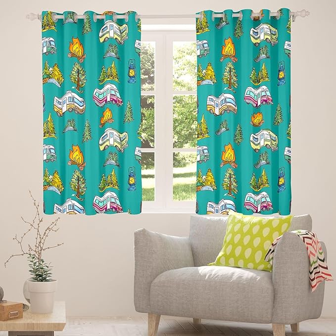 Feelyou Vintage Green Camper Curtains for Bedroom Living Room Rustic Camping Trailer Blackout Shades Camping Campfire Room Darkening Curtain Window Treatments, 2 Panels 38 x 54 Inch Decor