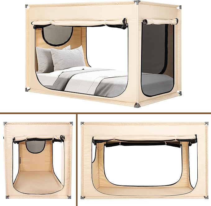 Twin Bed Canopy Portable Blackout Bed Tent Privacy Tent for Adult Indoor Sleeping with 3 Doors, Storage Bag, Khaki
