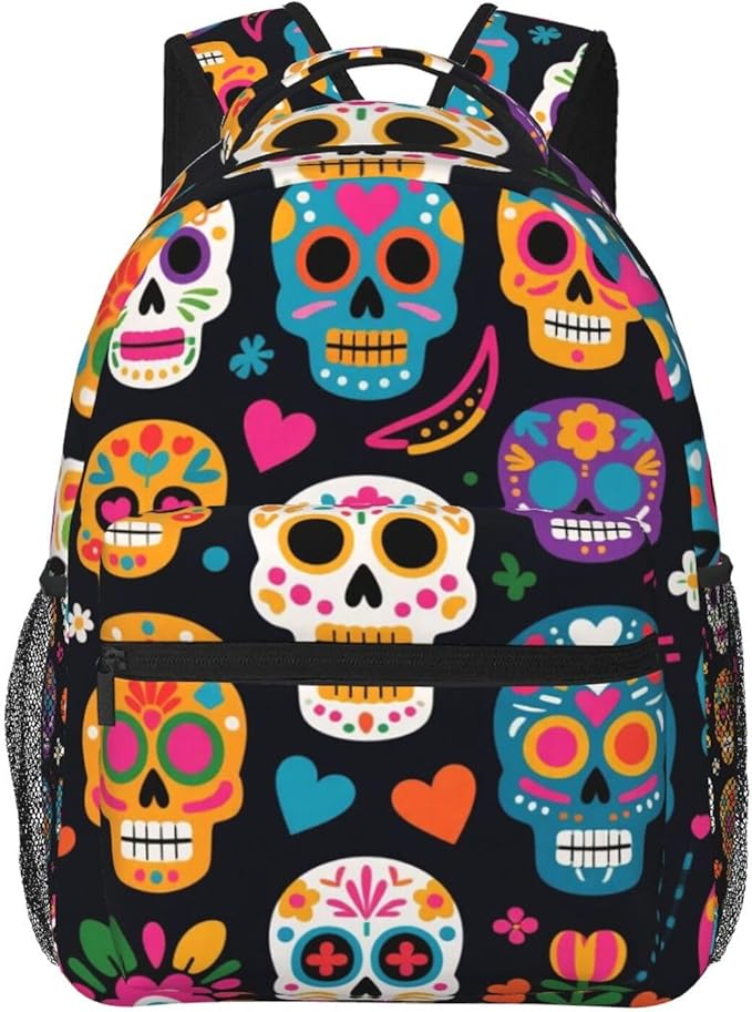 Men Women Polyester Mexican Sugar Skulls Backpack Large Capacity Bookbag With Smooth Zippers for Climbing Picnic Bicycle