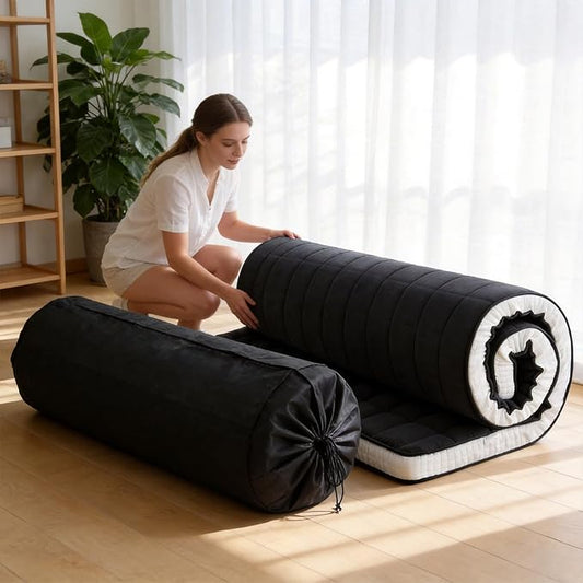 Tiita Japanese Floor Mattress, 4” Thicken Futon Mattress with Storage Bag and 2 Straps, Full Size Sleeping Tatami Mat for Adults，Black