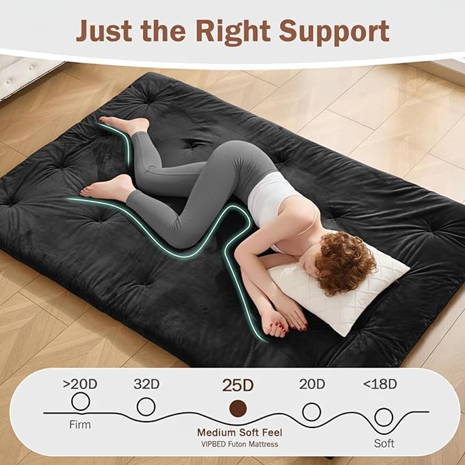 Japanese Floor Futon Mattress Queen Size 60"x 80", 2.5'' Thick Foldable Roll Up Floor Bed Sleeping Pad, 25D Foam Filled Tatami Mat with Straps for Guest Room, Dormitory & Camping, Black