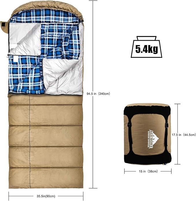 AGEMORE 0 Degree Canvas Sleeping Bag for Adults, Cotton Flannel Sleeping Bag for Winter Camping, Fishing, Hunting or Traveling, Durable Cotton Canvas Shell and Removable Flannel Liner