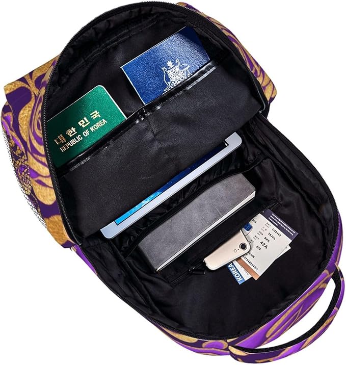 Rucksack Anti-Theft Multipurpose Big Capacity Carry On Bag, Purple Gold Rose Art Traveling Camping Backpack With Side Pockets