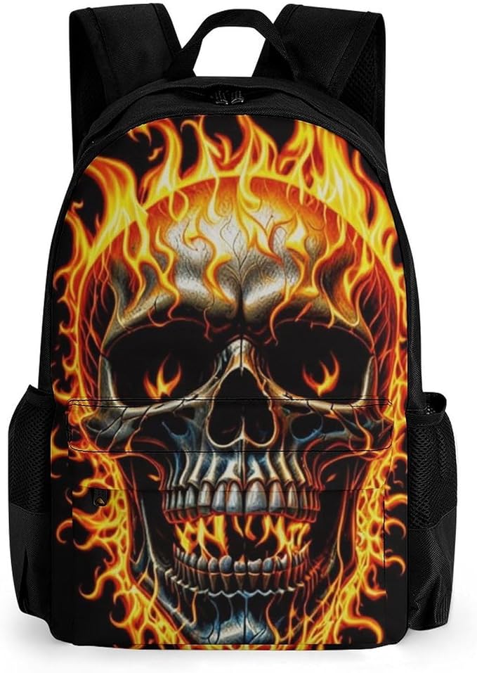 Backpack Polyester Anti-Theft Multipurpose Flaming Fire Skull Bookbag Large Capacity Laptop Book Bag Rucksack With Side Pockets
