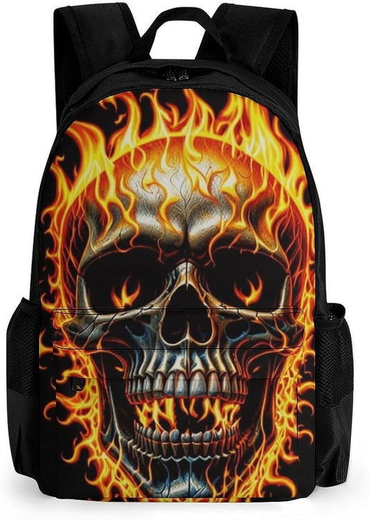 Backpack Polyester Anti-Theft Multipurpose Flaming Fire Skull Bookbag Large Capacity Laptop Book Bag Rucksack With Side Pockets
