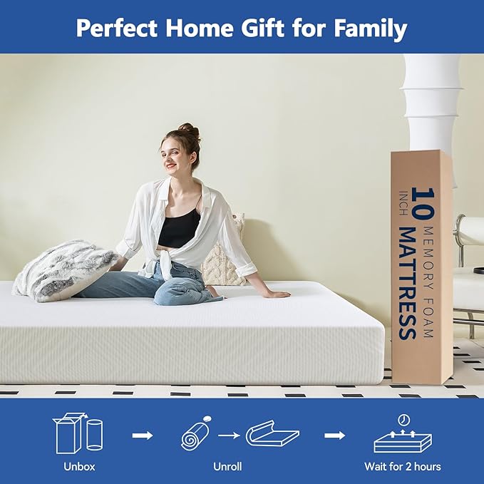 Full Size Memory Foam Mattress 10 Inch with Tencel Cover, Premium Cooling Green Tea/Gel Medium Firm Bed-Mattress in a Box, Pressure Relief Comfort, Made in USA, CertiPUR-US 75'' x 54''