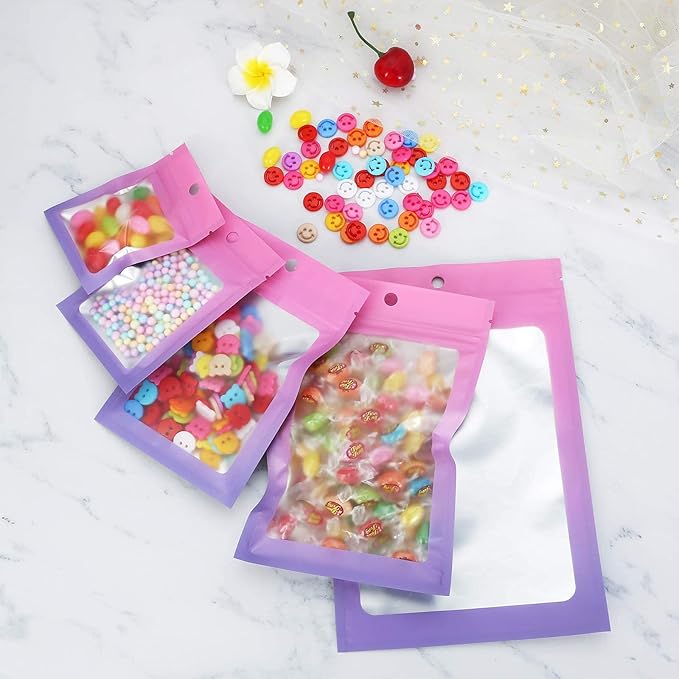 100 Pcs Resealable Mylar Bags, Gradient Color Food Storage Bags, Zip Bag Foil Bags Packaging Pouch for Food Storage, Sample, Small Business (Pink Purple, 5.9 X 8.6 Inch)