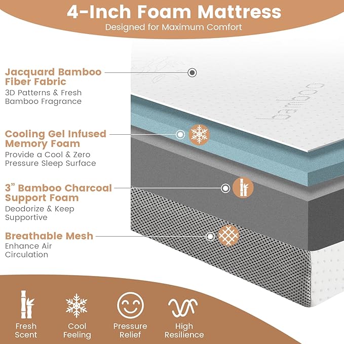 Giantex Folding Mattress, 4 Inch Gel-Infused Tri-fold Mattresses with Bamboo Cover & Carry Bag, CertiPUR-US Certified, Foldable Cooling Mattress Topper for Guest Room Dorm RV Camp Floor, Twin XL