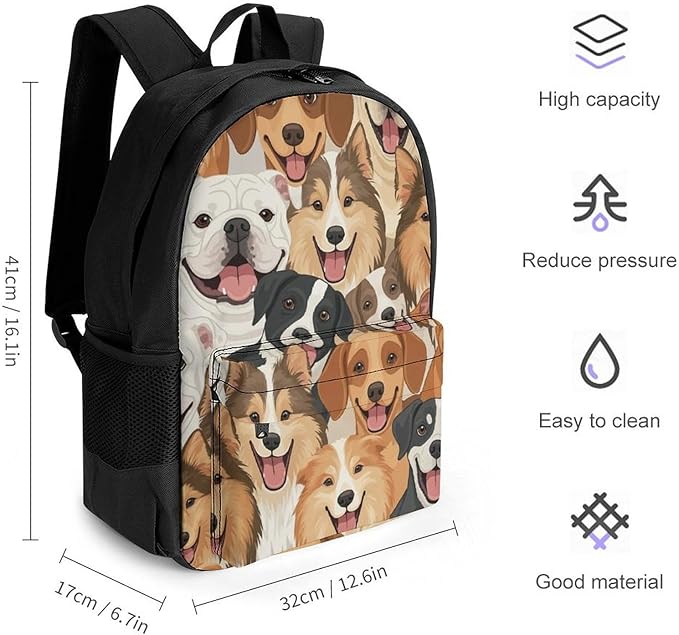 Women Men Polyester Husky Golden Retriever Tibetan Mastiff Dog Painting Casual Daypack Large Capacity Bookbag With Side Pockets for Sports Picnic Walking Cycling