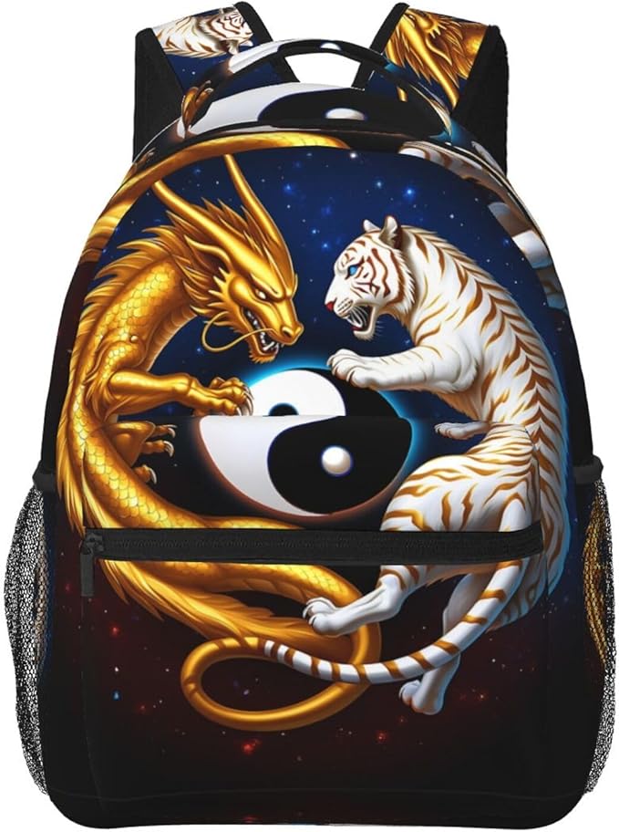Daypack Polyester Anti-Theft Multipurpose Yin Yang Gold Dragon White Tiger Art Bookbag Big Capacity Gym Outdoor Hiking Backpack With Adjustable Shoulder Straps