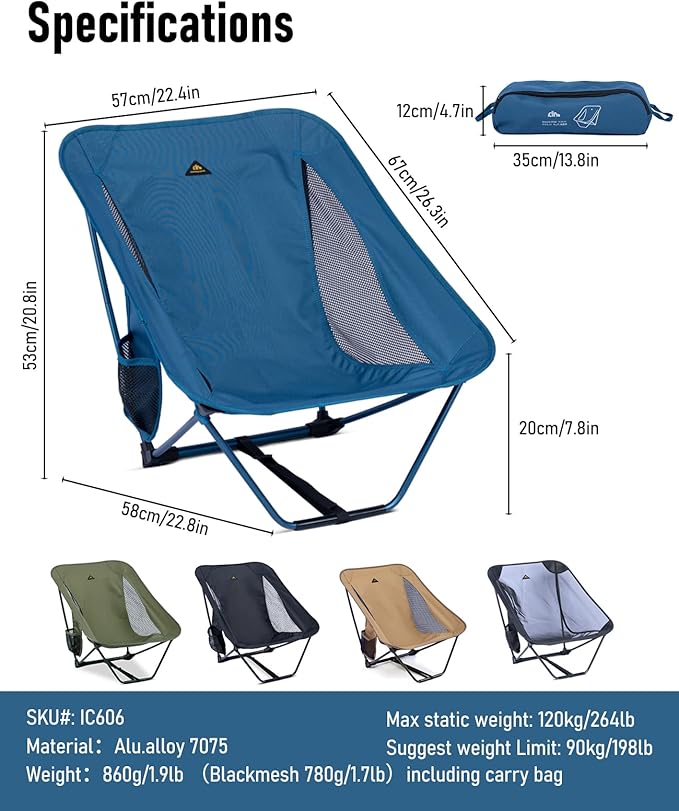 iClimb Low Ultralight Compact Camping Folding Chair with Side Pocket and Carry Bag (Blue)