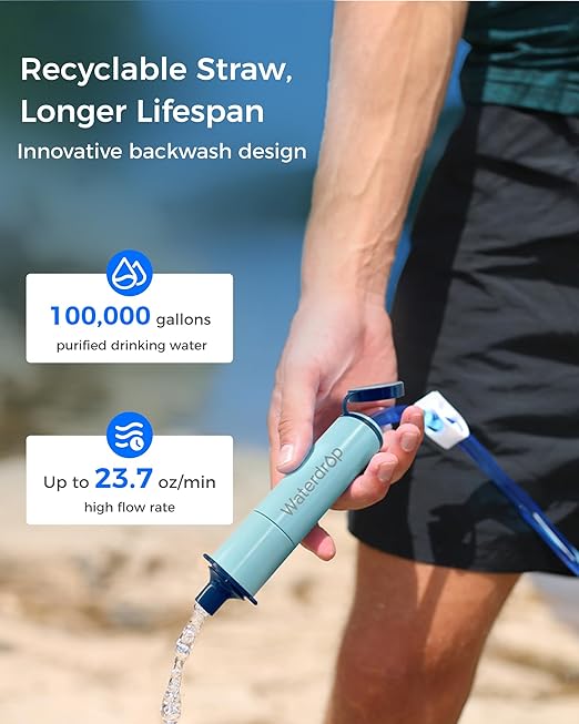 Waterdrop Gravity Water Filter Straw, Camping Water Filtration System, Water Purifier Survival for Travel, Backpacking and Emergency Preparedness, 1.5 gal Bag, 0.1 Micron, Light Blue