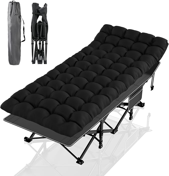 Suteck Camping Cot, Folding Camping Cot Bed for Adults Sleeping 1200D Double Layer Oxford Portable Folding Outdoor Cots for Camping W/Soft Pad Carry Bag for Home Office Nap Beach Travel