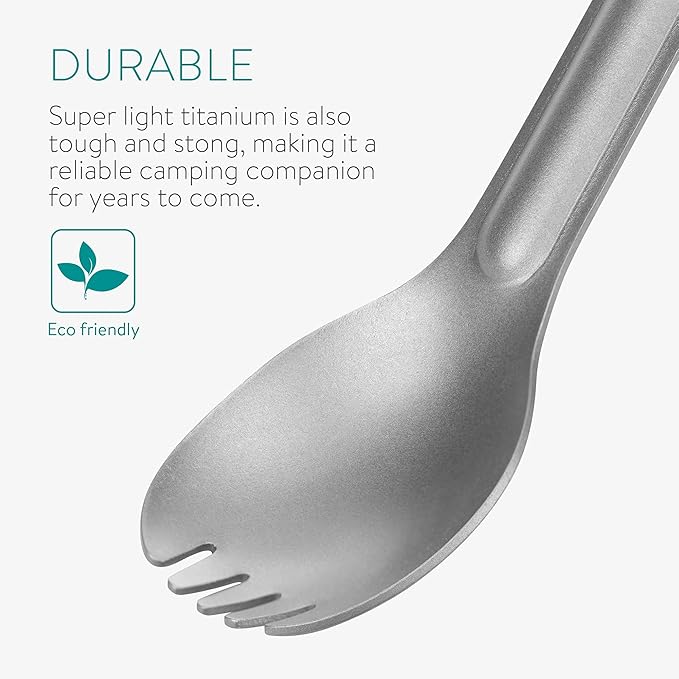 Navaris Long Handle Titanium Spork - 8.4" (21.5cm) Long Metal Utensil for Backpacking and Camping - Extra Strong and Lightweight - Includes Carry Bag