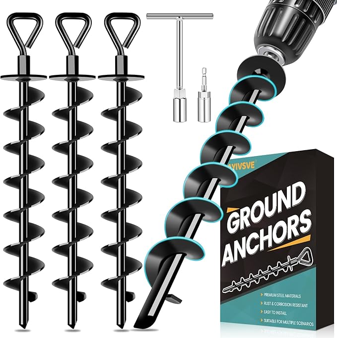 Ground Anchors Screw in, Heavy Duty Ground Trampoline Stakes High Wind Tent Stakes for Tent, Trampoline, Gazebo, Carport, Trap Anchor, Canopies, Swing Set