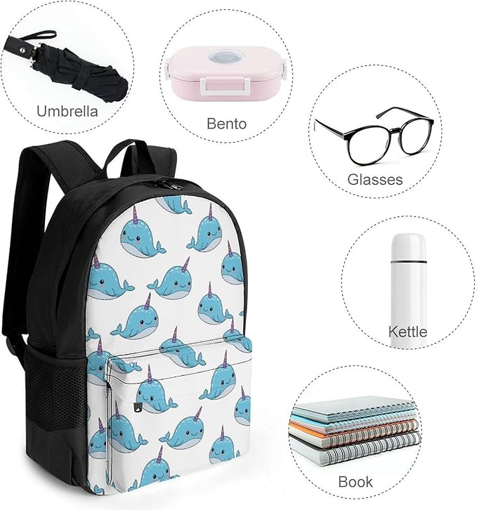 Backpack Polyester Multipurpose Anti-Theft Unicorn Whale Narwhal Shoulder Bag Big Capacity Gym Outdoor Hiking Backpack With Padded Straps