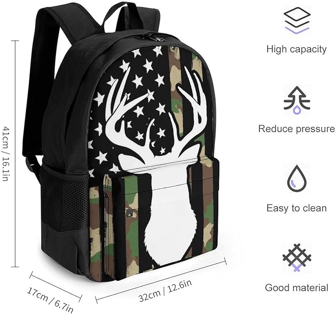 Lightweight Rucksack for Sports Travel Running, Big Capacity Multipurpose Anti-Theft Bookbag, Camouflage American Flag Hunting Deer Camo Travel and Sport Backpack Rucksack