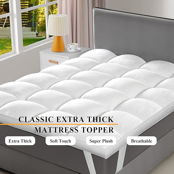 Extra Thick Fitted Mattress Topper - Twin Size | Soft & Cooling Pillow Top Mattress Pad & Protector | Bed Topper for Back Pain, Straps Stretch 6" to 22" Deep