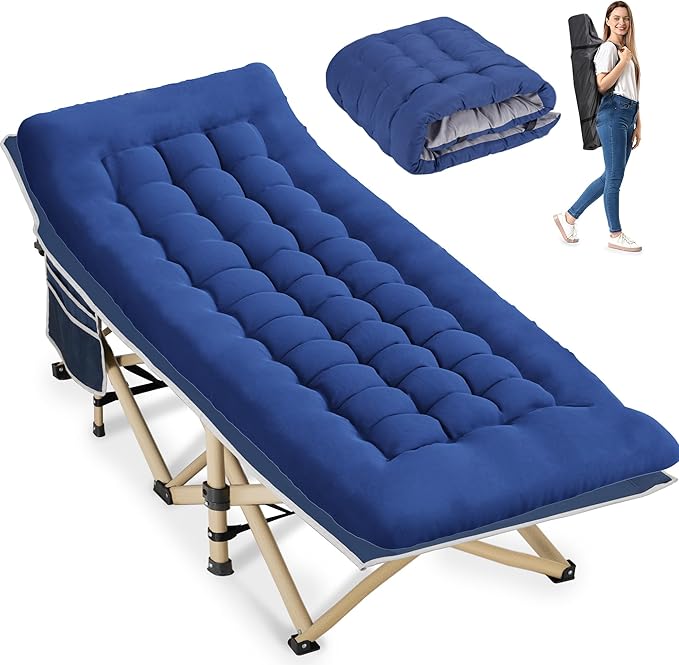 Folding Camping Cot for Sleeping, Portable Cots for Adults, Heavy Duty Cot Bed 550LBS(Max Load), Extra Wider Cots with Large Pocket for Outdoor, Office, Beach