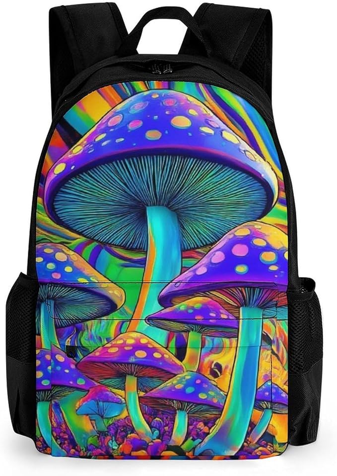 Supdreamc Women Men Polyester Trippy Tie Dye Magic Mushrooms Art Casual Daypack Large Capacity Bookbag With Side Pockets for Sports Picnic Walking Cycling