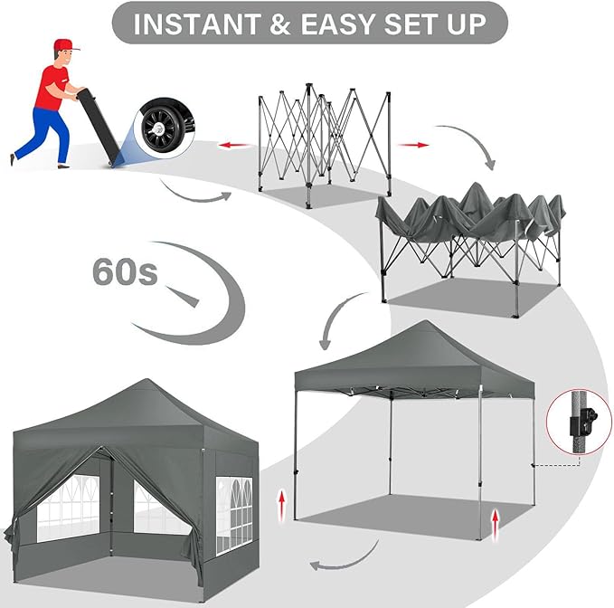 COBIZI 10x10 Pop up Canopy Tent with 4 Sidewalls, Waterproof Heavy Duty Commercial Canopy for Parties, Outdoor Tent, Garden Gazebo, Carry Bag with Wheel (10x10ft, Gray)