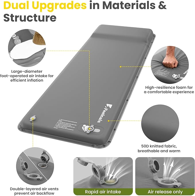 Camping Sleeping Pad, Built-in Foot Pump Inflatable Sleeping Pads, Memory Foam Mattress with Pillow, 4 Season Camping Mattress Pad, Camping Essentials Gear for Tent, Car, Hiking - Grey