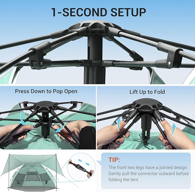 Elegear CumbreX™ Beach Tent with 360° Removable Canopy, 4-6 Person Pop Up Sun Shade Shelter, UPF 50+ Automated Installation Double Silver Coating Portable Lightweight Beach Cabana for Outdoor - Green