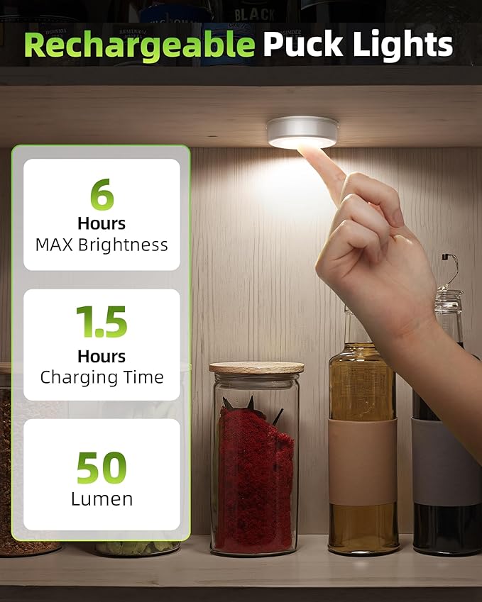 EZVALO LED Puck Lights, 6 Pack Rechargeable 3 Color & 16 RGB Battery Touch Light, 2.5'' Mini Tap Lights, Wireless Closet Light, Under Cabinet Lighting, Sitck On Lights for Kitchen,Pantry,Shelves