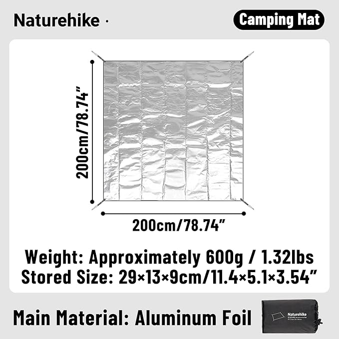 Naturehike Aluminum Foil Foldable Picnic Blanket, Ultralight Ground Sheet Mat, Waterproof Camping Tarp, Sleeping Pad for Outdoor Picnic,Camping,Beaches, Storage Bag Included (78.74×78.74")