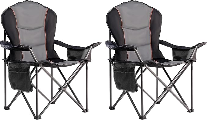 Oversized Camping Chair Heavy Duty 500LBS - 2 PCS Folding Outdoor Chair with Cooler Bag, Storage Pockets, Portable Collapsible Lawn Chairs for Adults (Black & Gray)