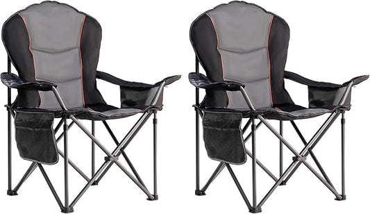 Oversized Camping Chair Heavy Duty 500LBS - 2 PCS Folding Outdoor Chair with Cooler Bag, Storage Pockets, Portable Collapsible Lawn Chairs for Adults (Black & Gray)