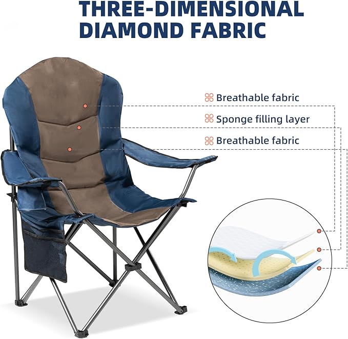 2 Pack Folding Camping Chairs for Adults - High Back Padded Portable Outdoor Lawn Chairs 400lbs Capacity, Adjustable Armrests - Lightweight Camp Chairs Set (Blue & Brown)