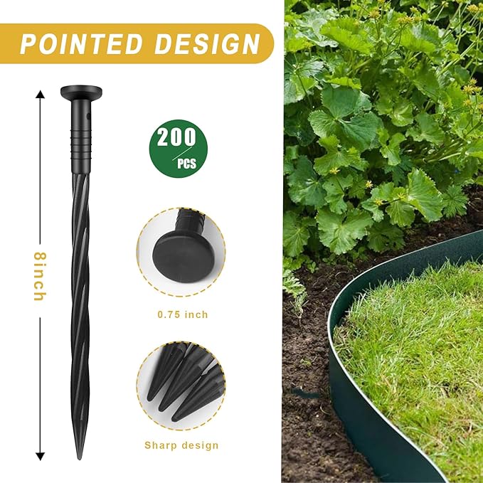 200 Pack 8 Inch Plastic Landscape Edging Anchoring Stakes Garden Lawn Yard Spikes Landscaping Stakes for Paver Edging, Weed Barrier, Tent, Artificial Turf