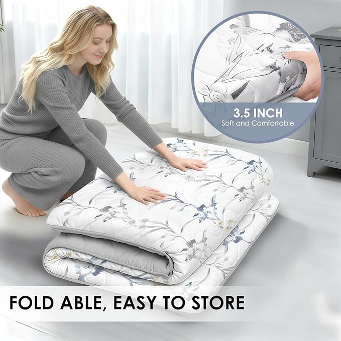 Japanese Floor Mattress, 3.5" Thicken Ink Wash Floral Pattern Portable Futon Mattress, 100% High-Density Foam Tatami Mat Sleeping Pad for Camping Guest Room Dormitory RV, White, Queen