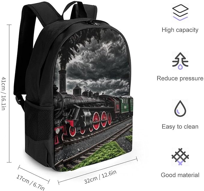 Daypack Anti-Theft Multipurpose Large Capacity Shoulder Bag, Old Train Dark Sky Travel Hiking Camping Rucksack With Smooth Zippers