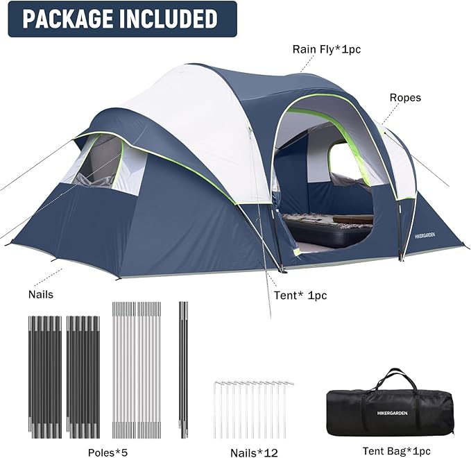 HIKERGARDEN 10 Person Camping Tent - Portable Easy Set Up Family Tent for Camp, Windproof Fabric Dome Tent Outdoor for Hiking, Backpacking, Traveling-14'x11'x74in(H)