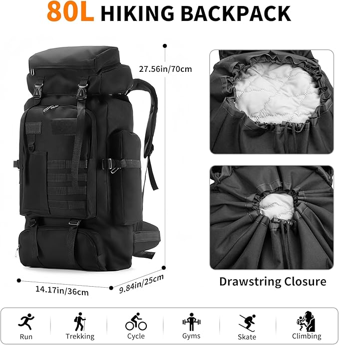Hiking Backpack Tactical Backpack for Men Women, 80L Military Backpack Rucksack Waterproof Large Travel Camping Backpack for Men, Molle Rucksack Outdoor Sport Travel Cycling Daypack (Black)