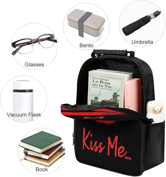 Men Women Lightweight Black Red Lip Print Kiss Me Backpack Large Capacity Bookbag With Smooth Zippers for Gym Business Running